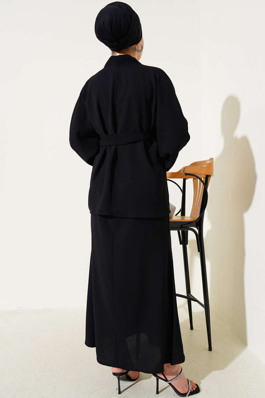 Zweiteiliges Set mit perlenbesetztem Rock, Schwarz