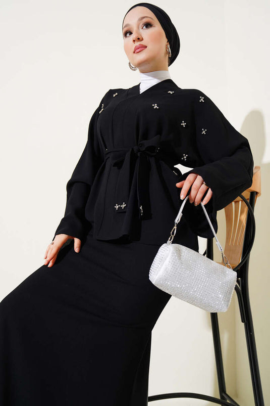 Zweiteiliges Set mit perlenbesetztem Rock, Schwarz