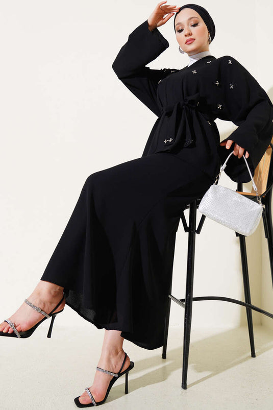 Zweiteiliges Set mit perlenbesetztem Rock, Schwarz