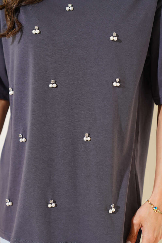 تيشيرت مزين باللؤلؤ، رمادي دخاني