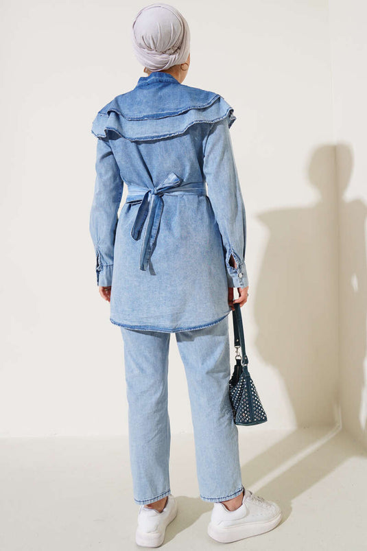 Denim-Doppelset mit Perlenkragen, Denimblau