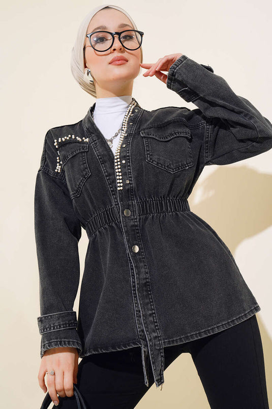 Faded Denim Jacket with Elastic Waistband