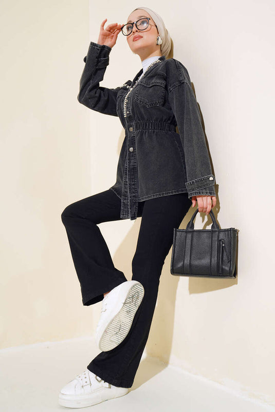 Faded Denim Jacket with Elastic Waistband