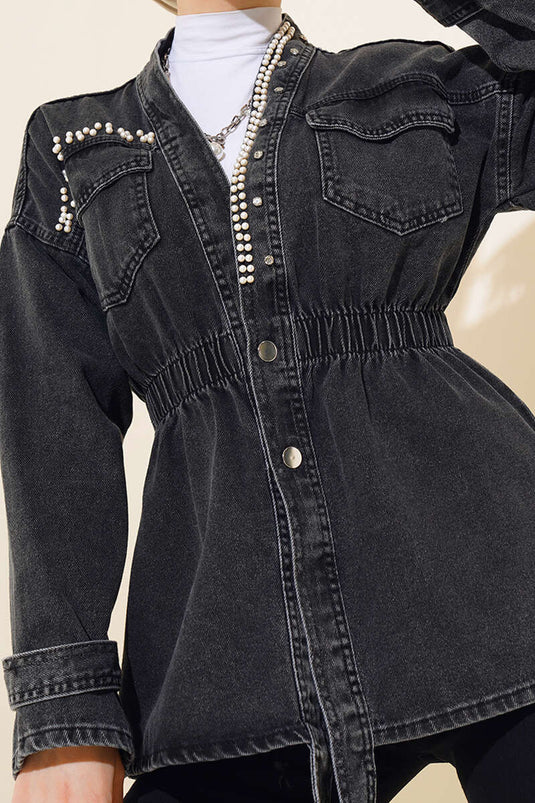 Veste En Jean Élastique Taille Perlée Fumé