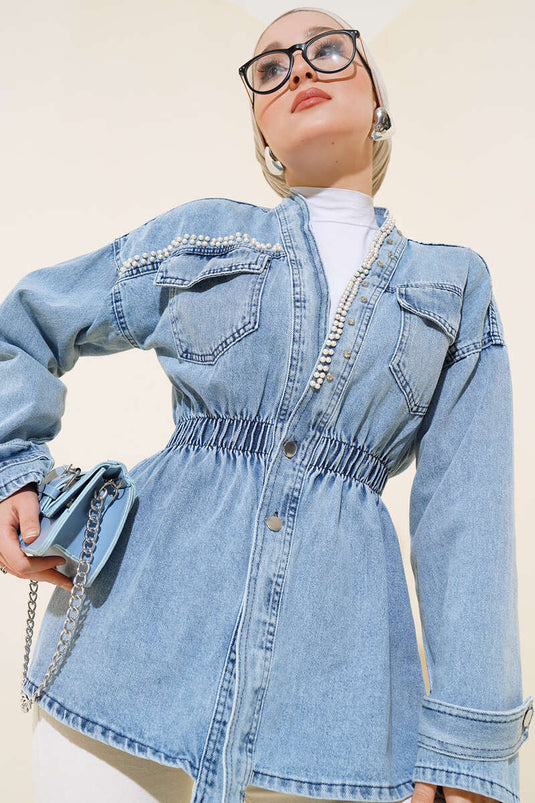 Pearl Embellished Elastic Waist Denim Jacket Denim Ice Blue