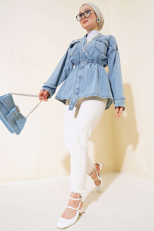 Pearl Embellished Elastic Waist Denim Jacket Denim Ice Blue