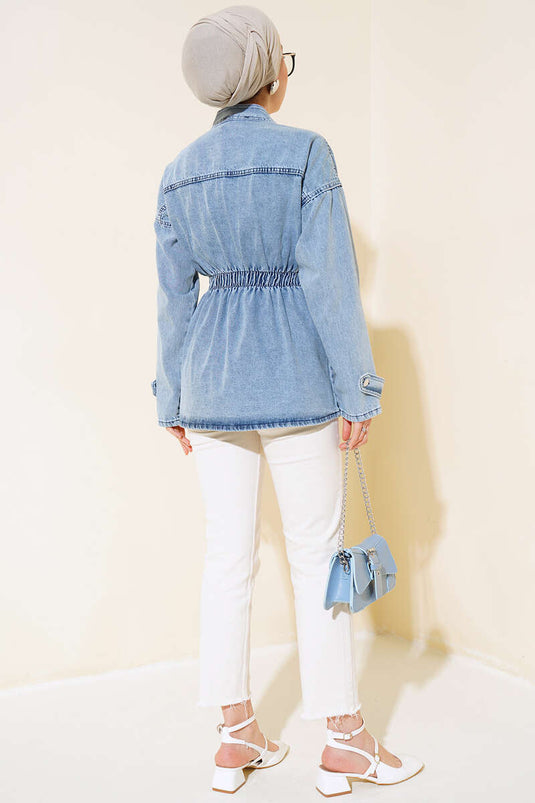 Perletalje elastisk denimjakke Denim Ice Blue