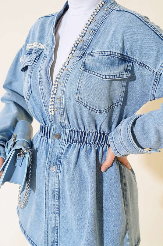 Perletalje elastisk denimjakke Denim Ice Blue
