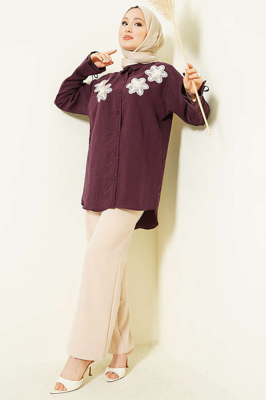 Chemise en modal brodée de fleurs perlées couleur prune