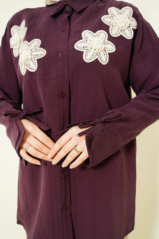 Chemise en modal brodée de fleurs perlées couleur prune