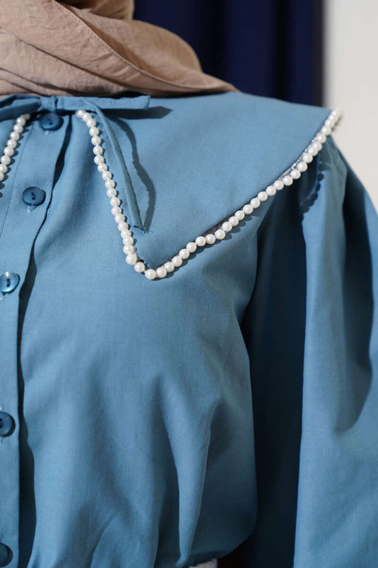 Pearl Embellished Sailor Collar Short Shirt Bondi Blue