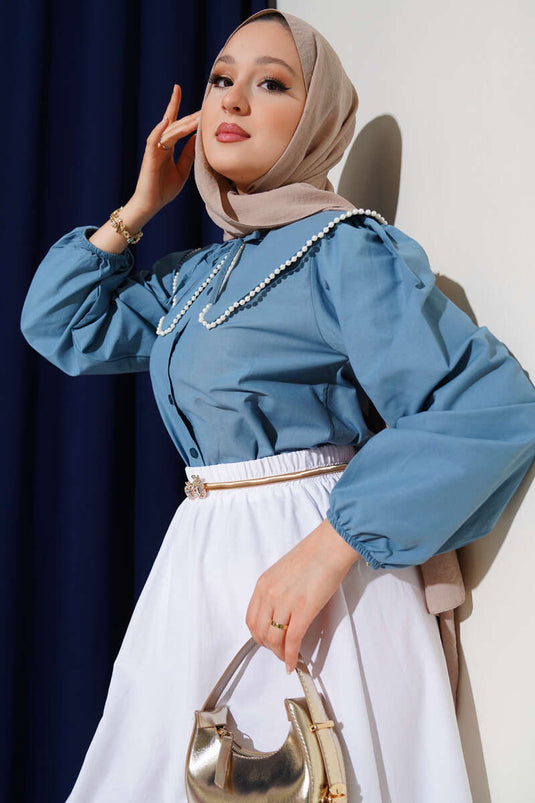 Pearl Embellished Sailor Collar Short Shirt Bondi Blue