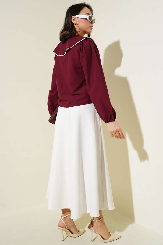 Chemise courte col marin avec perles bordeaux