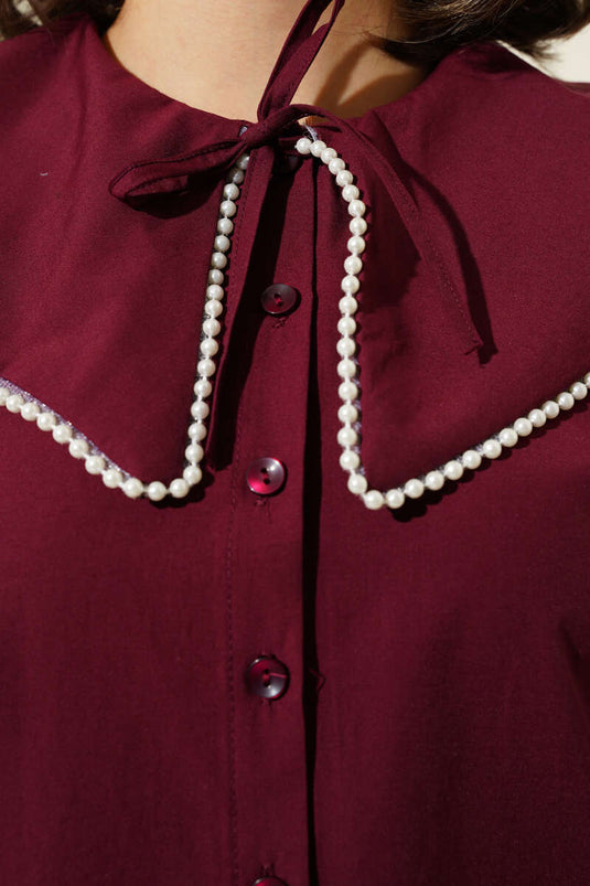 Chemise courte col marin avec perles bordeaux