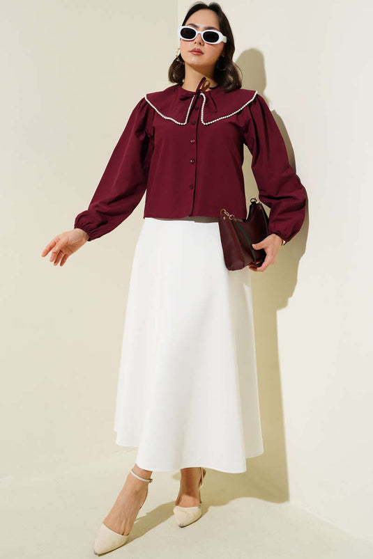 Chemise courte col marin avec perles bordeaux