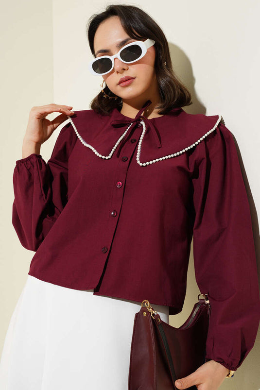 Chemise courte col marin avec perles bordeaux