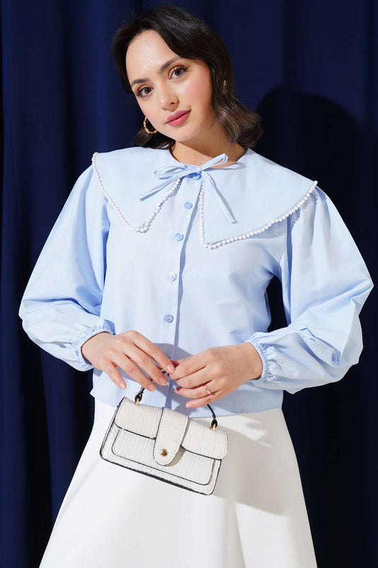 İncili Denizci Yaka Kısa Gömlek Buz Mavisi