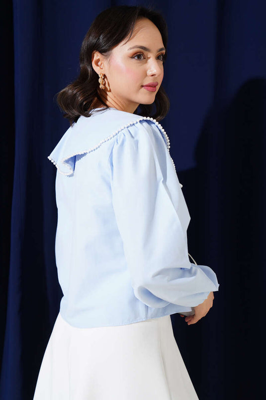 İncili Denizci Yaka Kısa Gömlek Buz Mavisi