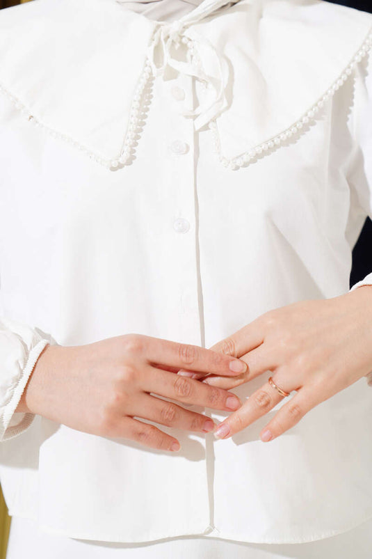 Pearled Sailor Collar Short Shirt Ecru