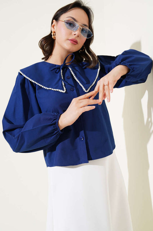 İncili Denizci Yaka Kısa Gömlek Lacivert