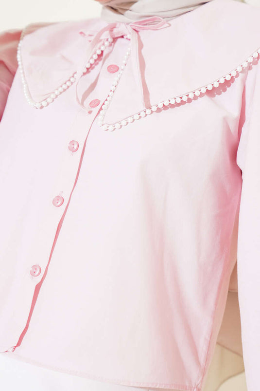 Chemise courte à col bleu marine perle rose