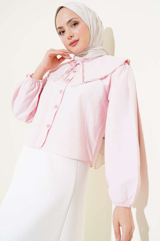 Chemise courte à col bleu marine perle rose