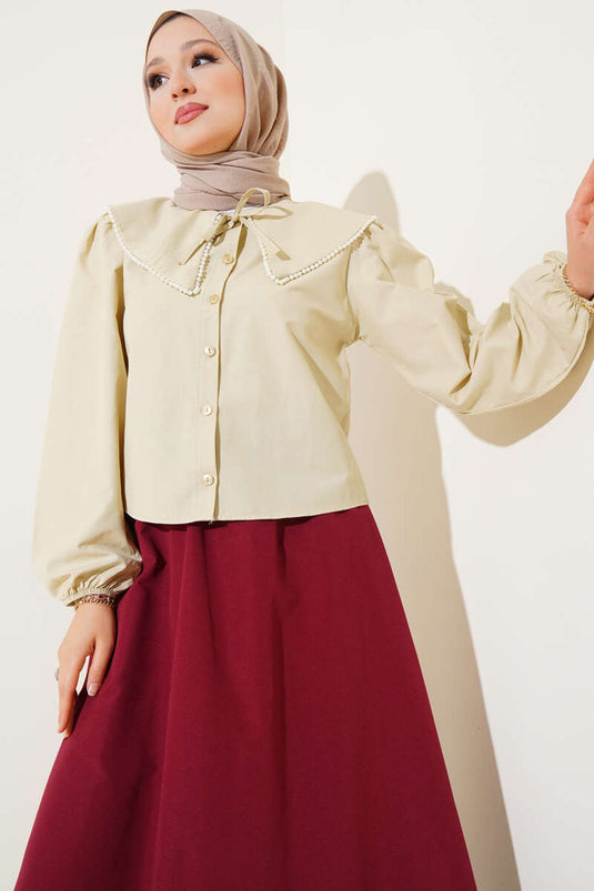 Beaded Sailor Collar Short Shirt with Stones