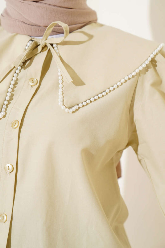 Beaded Sailor Collar Short Shirt with Stones