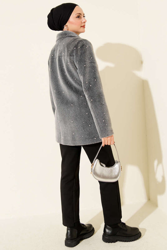 İncili Düğmeli Tay Tüyü Kaban Füme