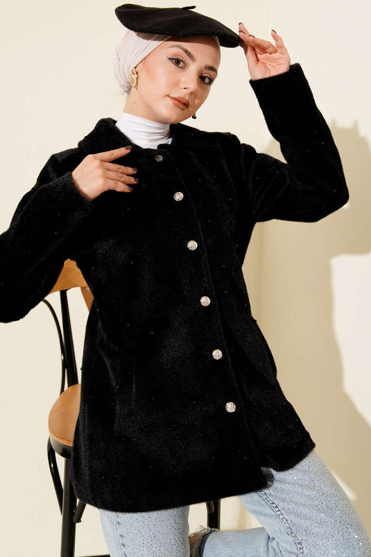 Cappotto in panno di pelo di cavallino con bottoni perlacei nero