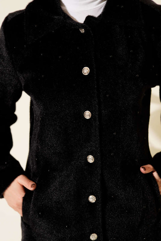 Cappotto in panno di pelo di cavallino con bottoni perlacei nero