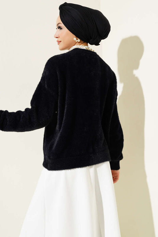 Gilet court noir à barbe et perles