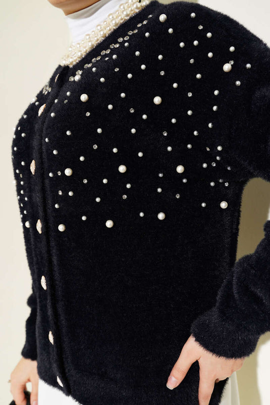 Pearly Stoned Bearded Short Cardigan Black