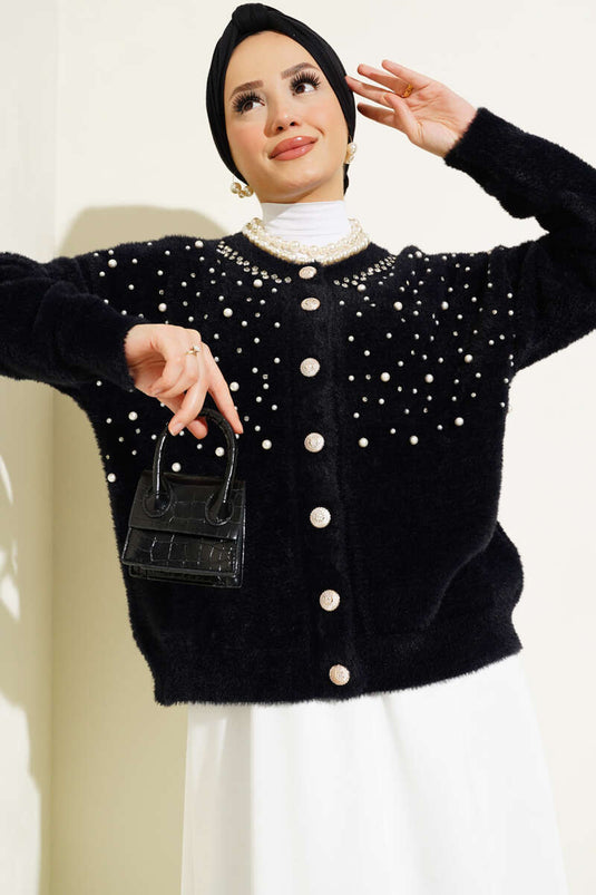 Gilet court noir à barbe et perles