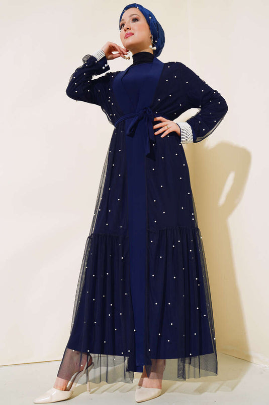 Ensemble Abaya en Tulle Perlé Bleu Marine