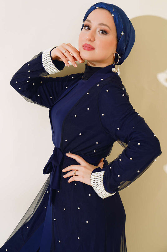 Ensemble Abaya en Tulle Perlé Bleu Marine