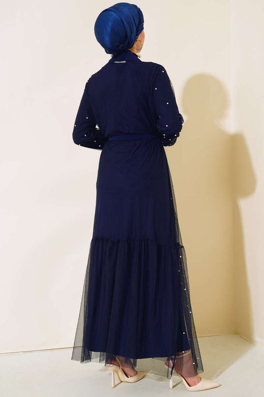 Ensemble Abaya en Tulle Perlé Bleu Marine