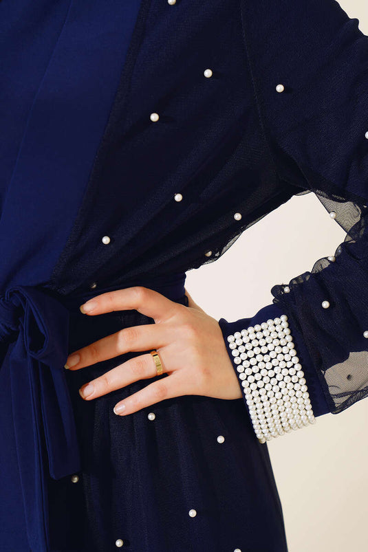 Ensemble Abaya en Tulle Perlé Bleu Marine
