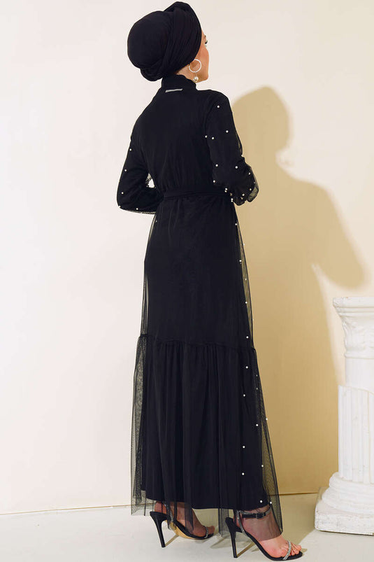 İncili Tül Abaya Takım Siyah