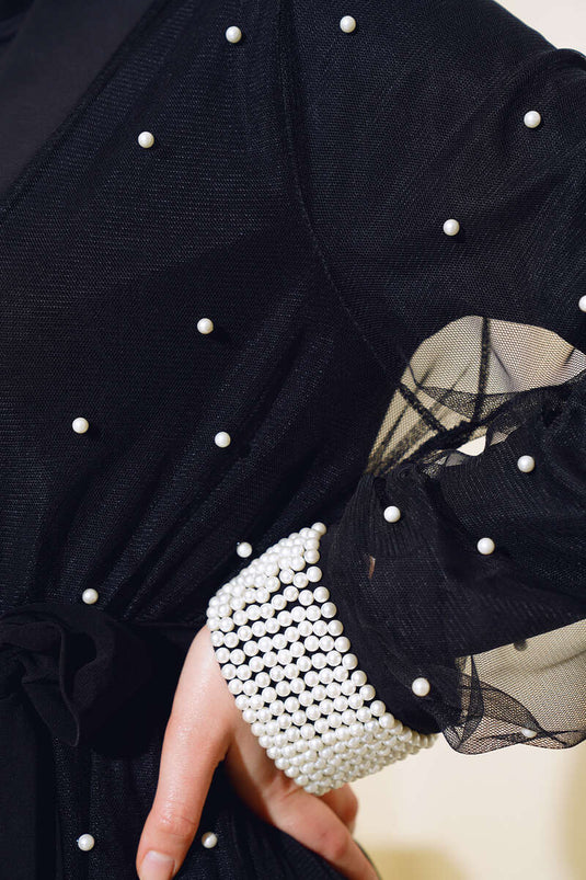 Pearl Tulle Abaya Set Black