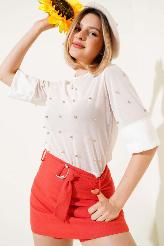 Pearl Half Sleeve Tulle Blouse White