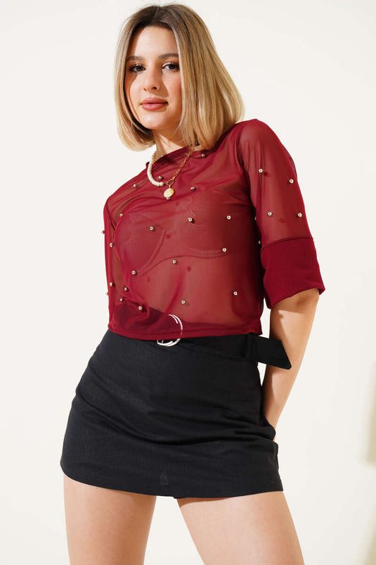 Pearl Half Sleeve Tulle Blouse Burgundy