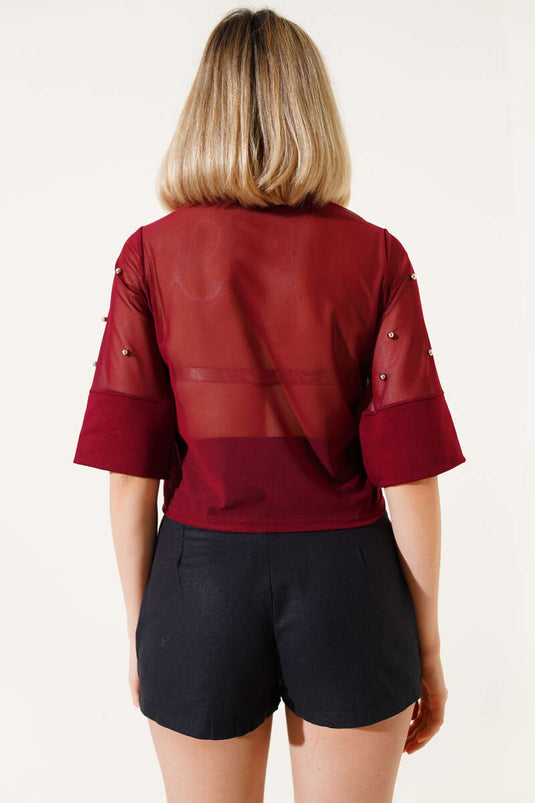Pearl Half Sleeve Tulle Blouse Burgundy