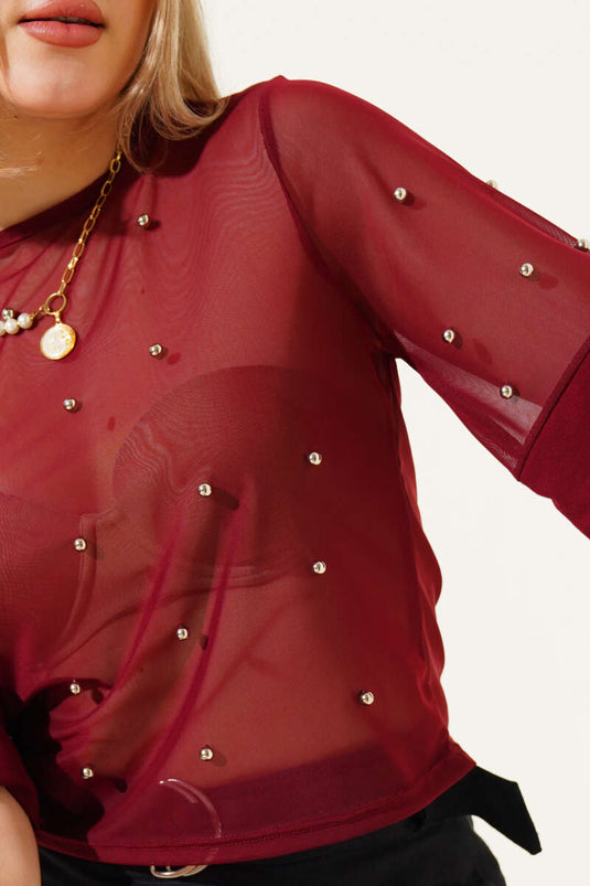 Pearl Half Sleeve Tulle Blouse Burgundy