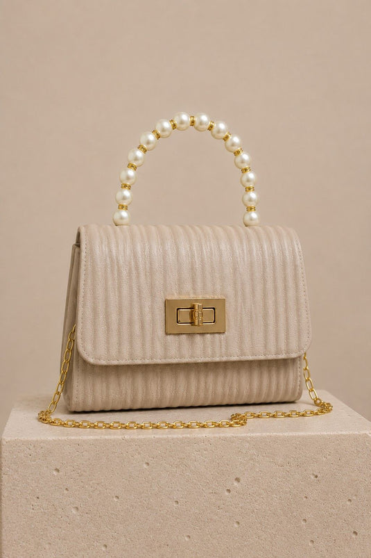 Beige Hand and Shoulder Bag with Pearl Chain Handle