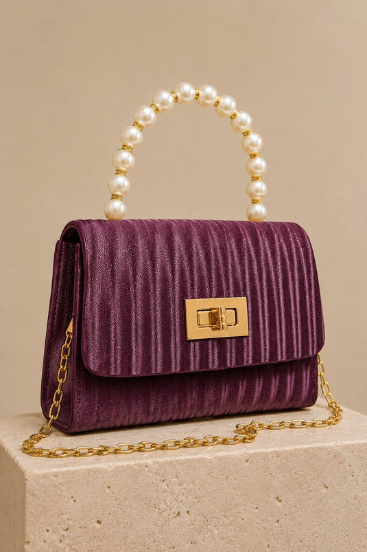 Burgundy Hand and Shoulder Bag with Pearl Chain Handle