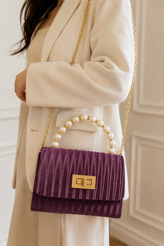 Burgundy Hand and Shoulder Bag with Pearl Chain Handle