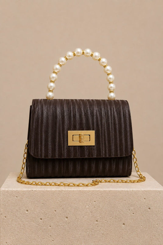 Hand and Shoulder Bag with Pearl Chain Handle Brown