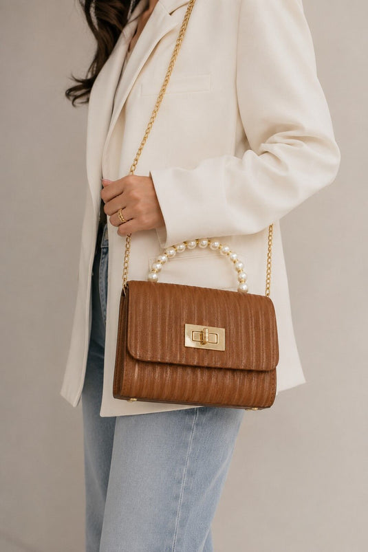 Hand and Shoulder Bag with Pearl Chain Handle, Cognac