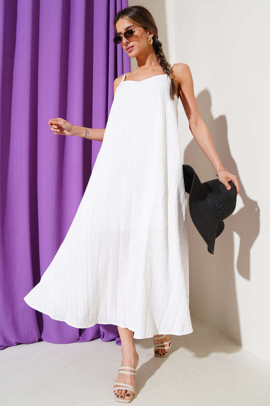 Robe midi blanche à bretelles en corde et motif écorce d'arbre